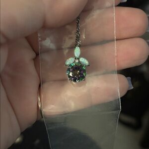 Mystic topaz & white opal pendant on black chain necklace